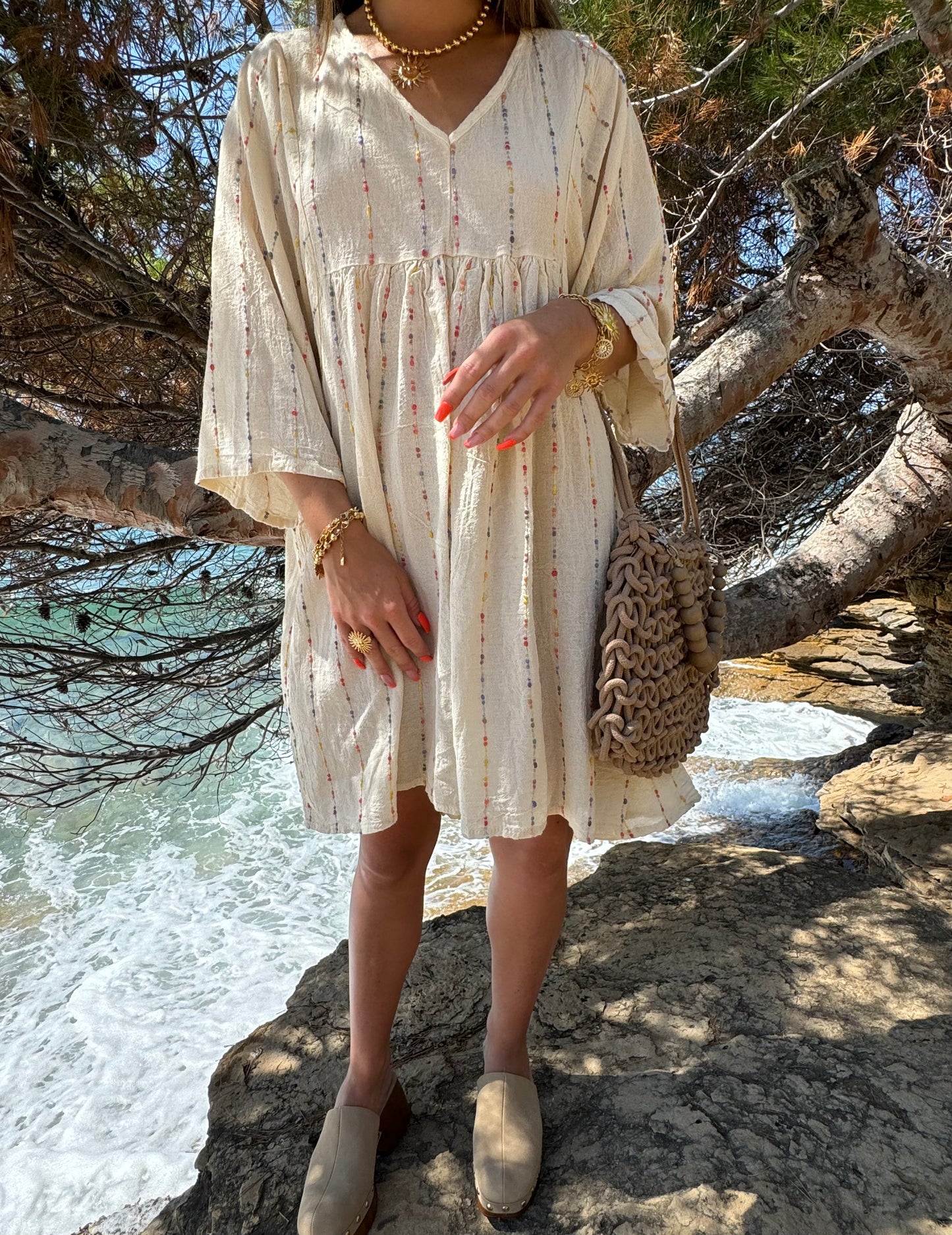 Robe bohème couleur écru en coton et lin