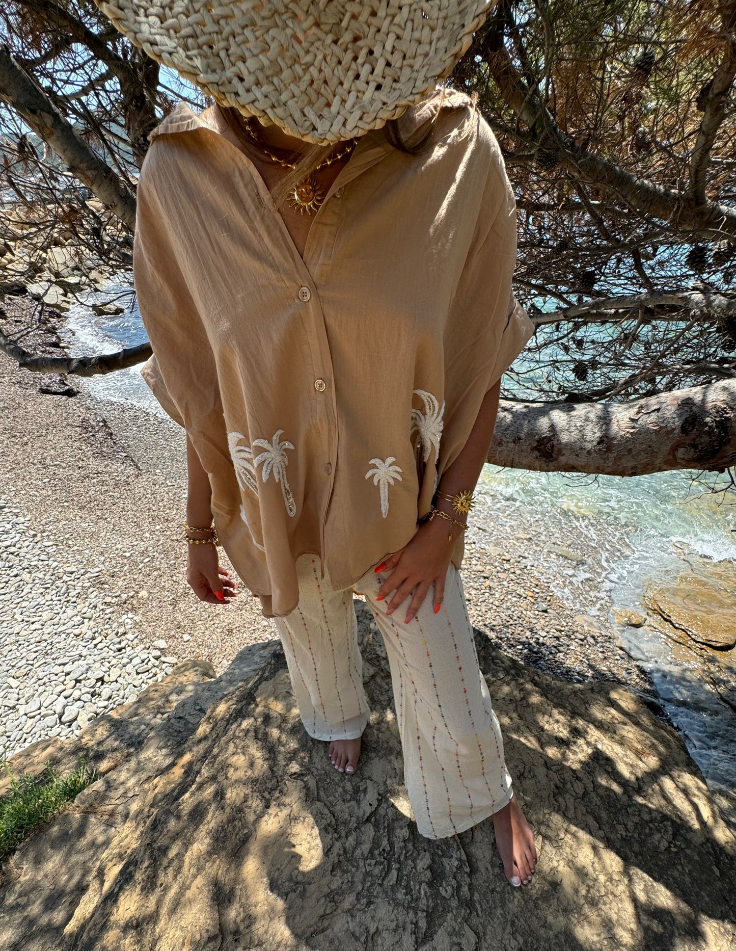 Chemise bohème camel brodés de palmiers